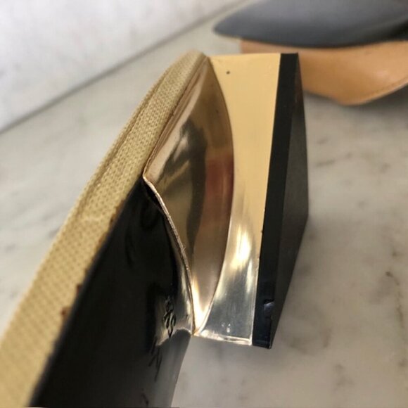 CHRISTIAN LACROIX Faux Pearl Gold Triangle Heel Tan Slide Sandal 5.5 - Picture 11 of 17